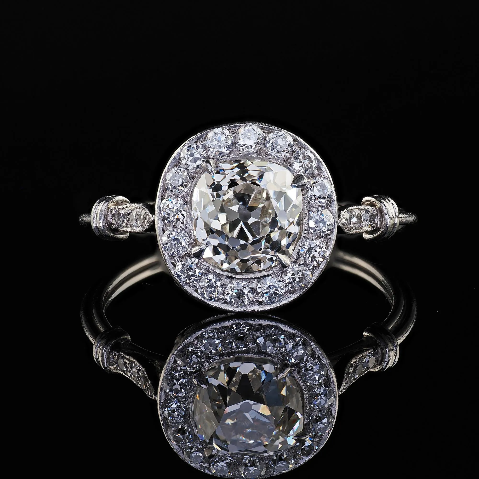 Antique Edwardian Platinum Old Mine Diamond and Halo Engagement Ring - GIA
