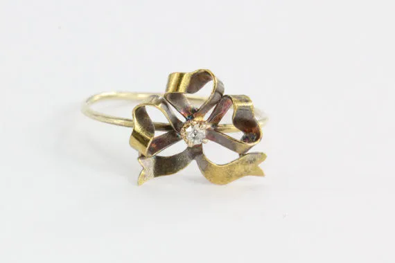 Antique Victorian 14K Gold Single Cut Diamond & Ribbon Stick Pin Conversion Ring