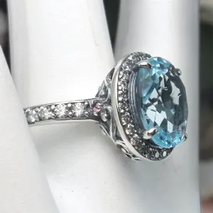 Aquamarine Halo Ring, Size 6, White CZ Accent Gems, Art Deco Sterling Silver Filigree #D228 - Ready to Ship