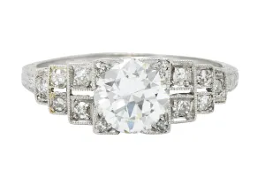 Art Deco 1.14 CTW Old European Cut Diamond Platinum Stepped Heart Trellis Engagement Ring