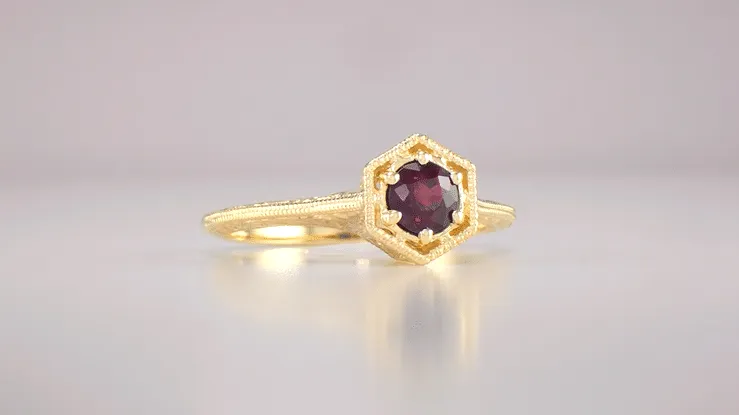 Art Deco 1.20 Carat Rhodolite Garnet Engraved Hexagon Filigree Engagement Ring in 14K Yellow Gold