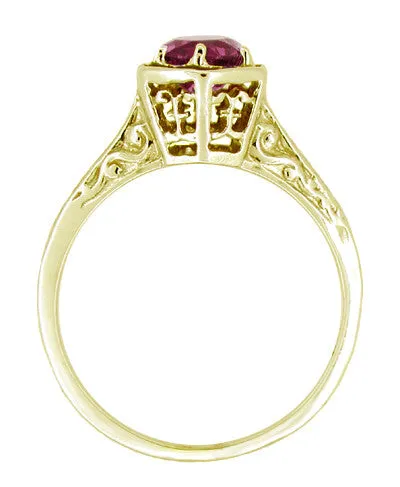 Art Deco 1.20 Carat Rhodolite Garnet Engraved Hexagon Filigree Engagement Ring in 14K Yellow Gold