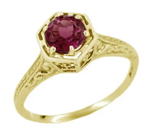 Art Deco 1.20 Carat Rhodolite Garnet Engraved Hexagon Filigree Engagement Ring in 14K Yellow Gold