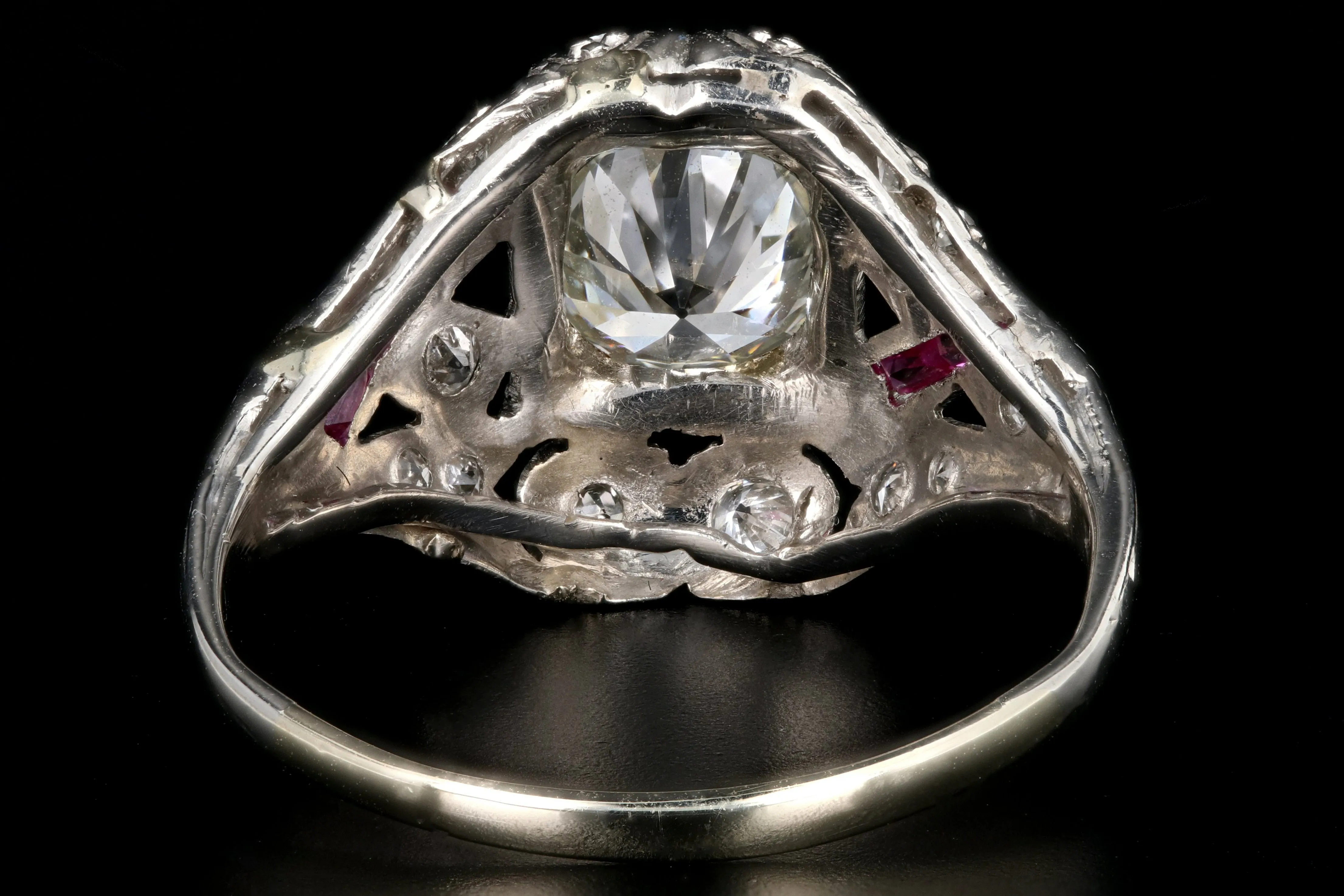 Art Deco 14K White Gold .97 Carat Transition Cut Diamond and Ruby Engagement Ring