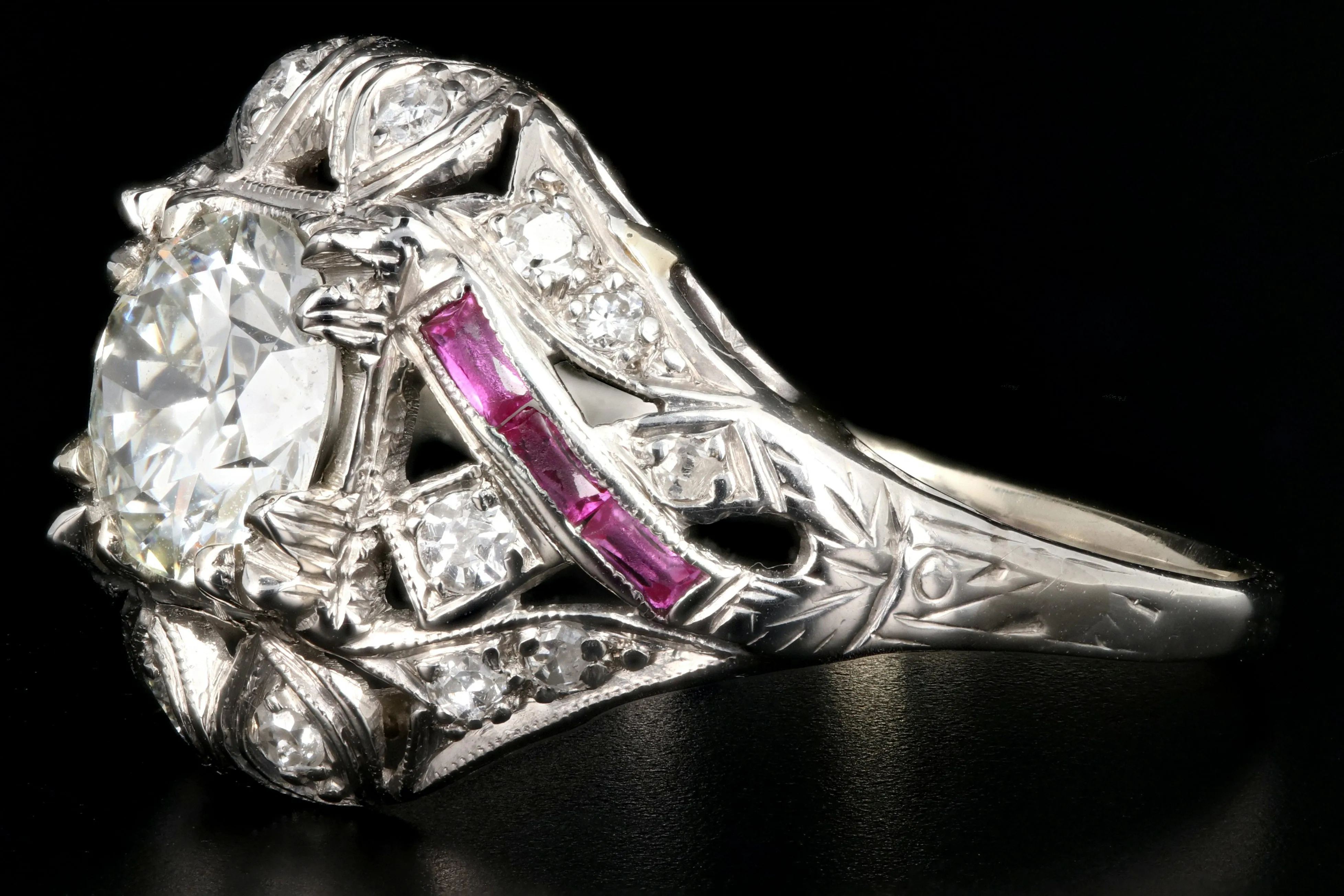 Art Deco 14K White Gold .97 Carat Transition Cut Diamond and Ruby Engagement Ring