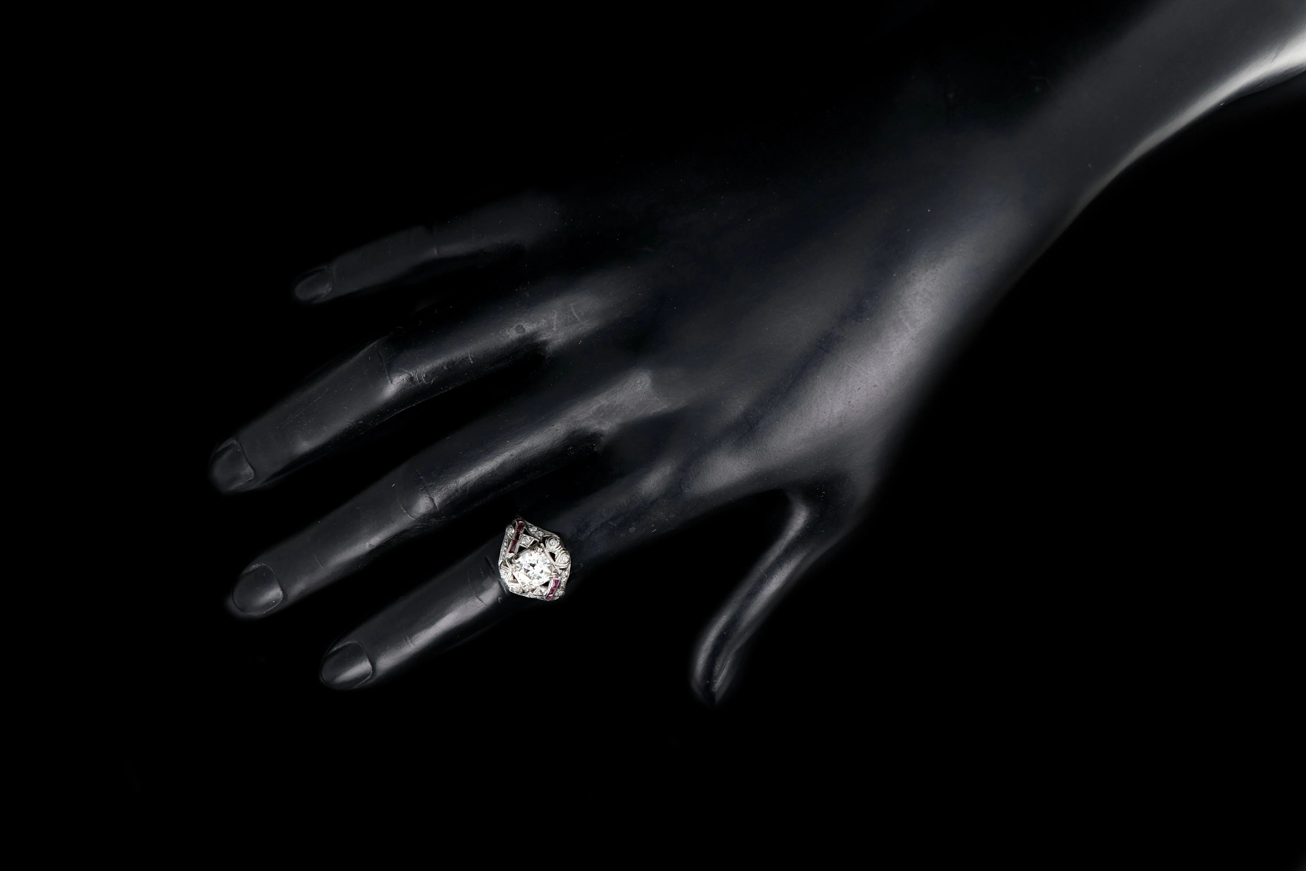 Art Deco 14K White Gold .97 Carat Transition Cut Diamond and Ruby Engagement Ring