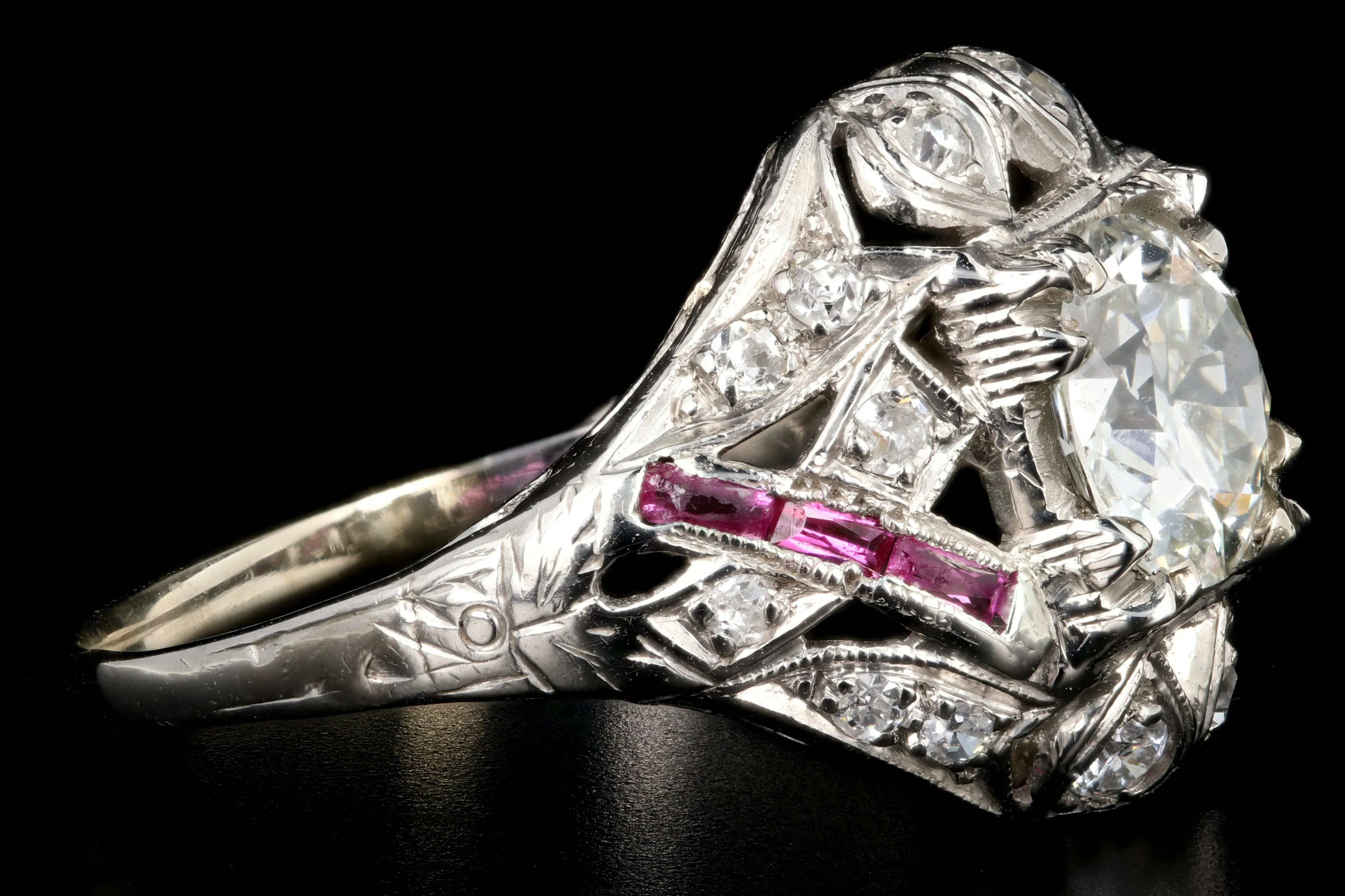 Art Deco 14K White Gold .97 Carat Transition Cut Diamond and Ruby Engagement Ring