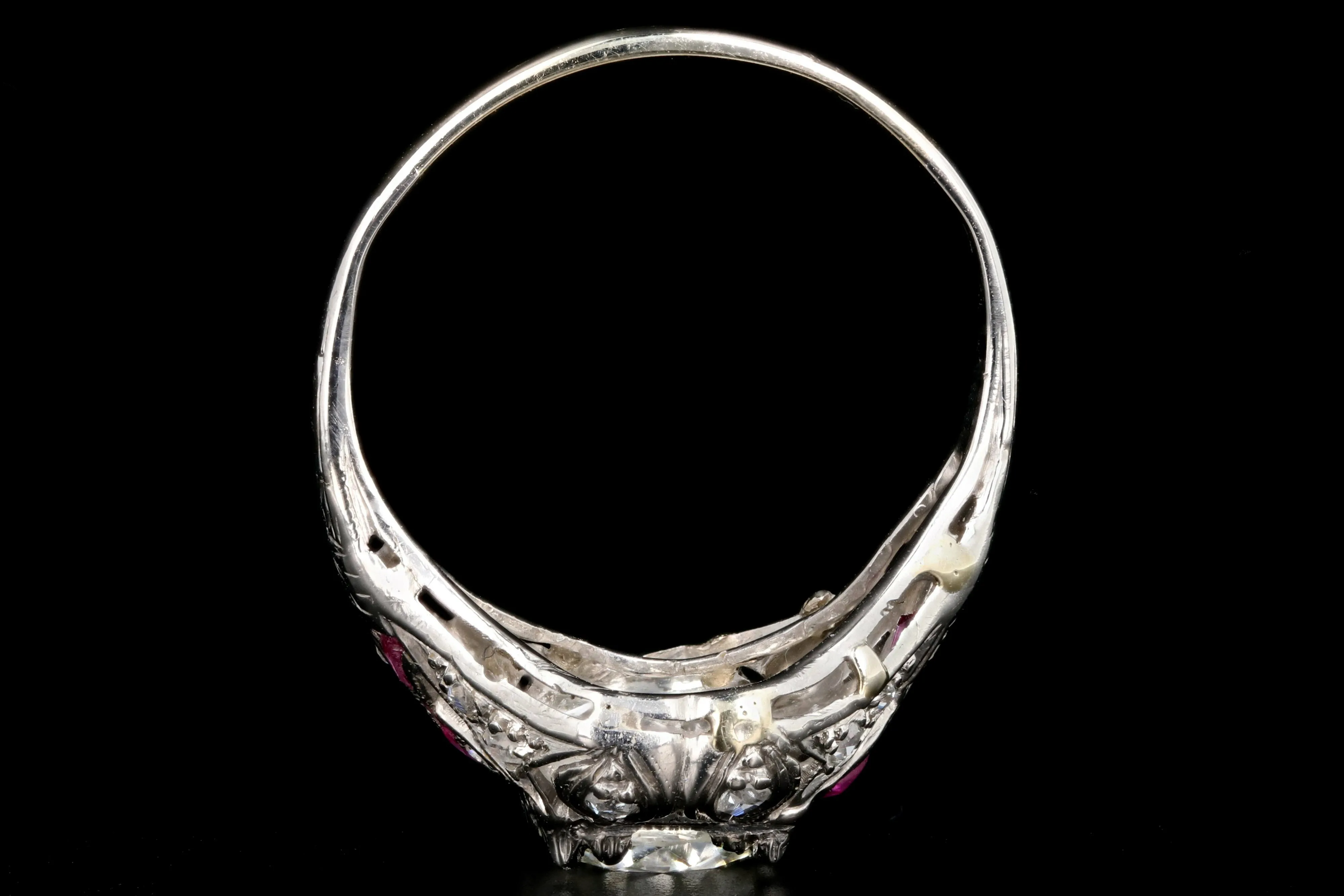 Art Deco 14K White Gold .97 Carat Transition Cut Diamond and Ruby Engagement Ring