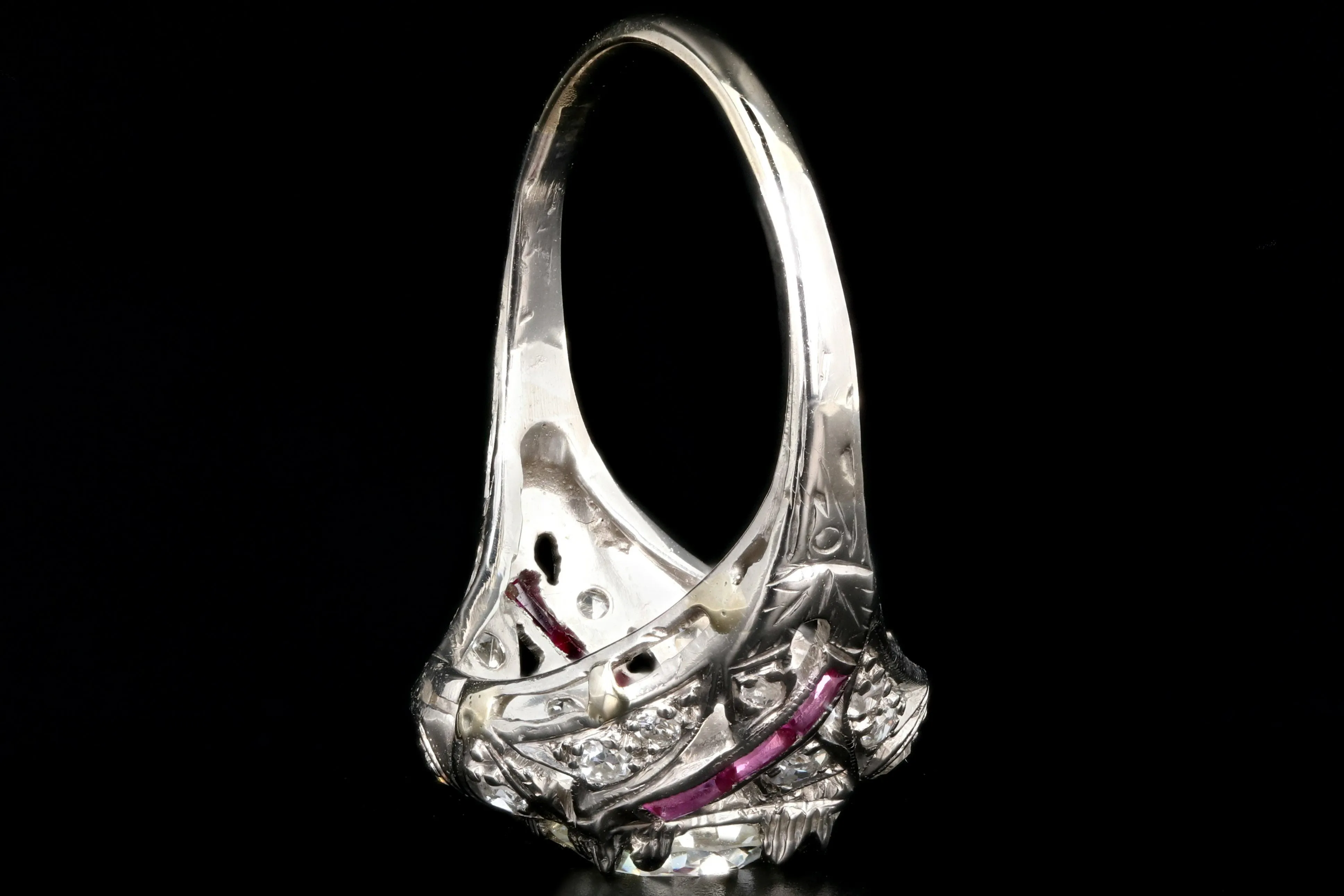 Art Deco 14K White Gold .97 Carat Transition Cut Diamond and Ruby Engagement Ring