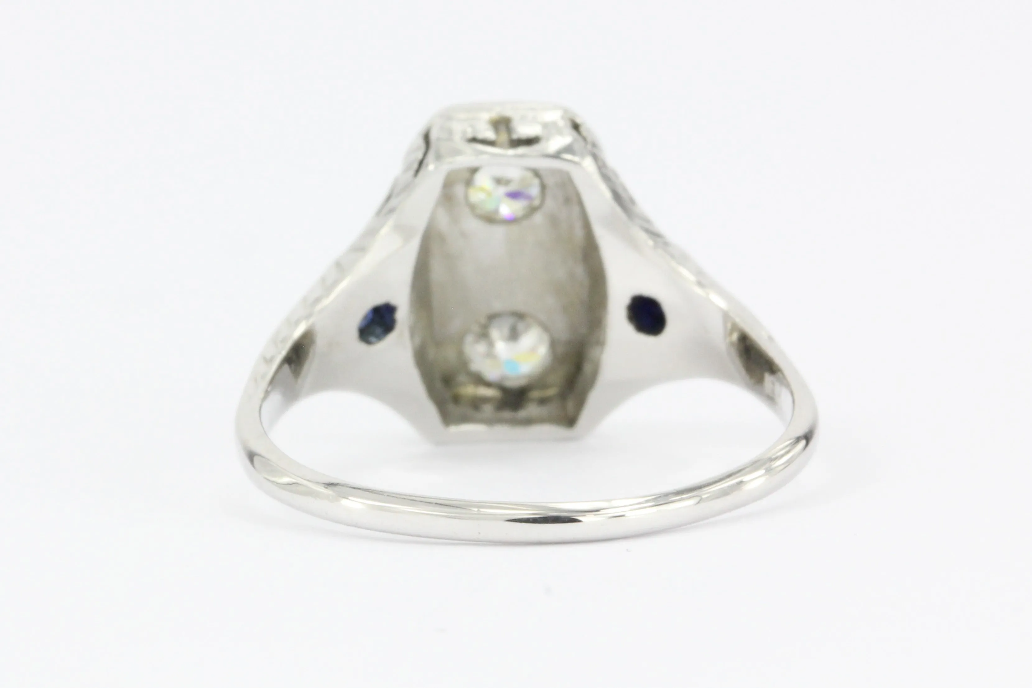 Art Deco 18K White Gold Old European Cut Diamond Sapphire Engagement Ring