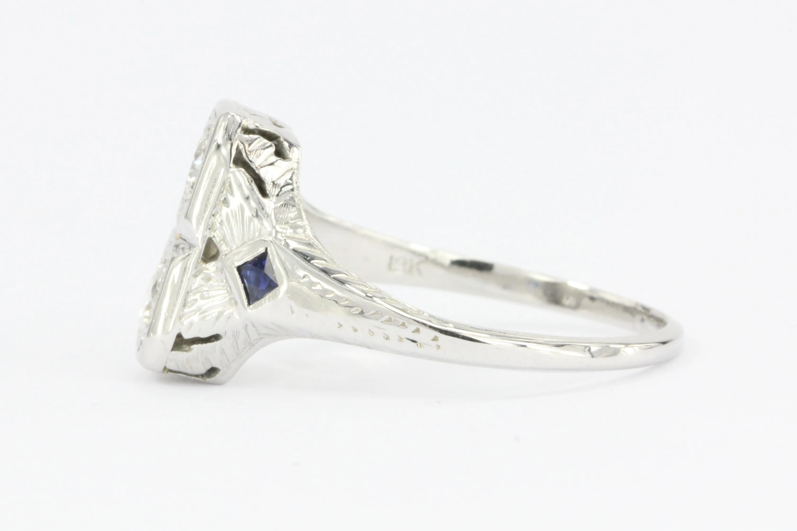 Art Deco 18K White Gold Old European Cut Diamond Sapphire Engagement Ring