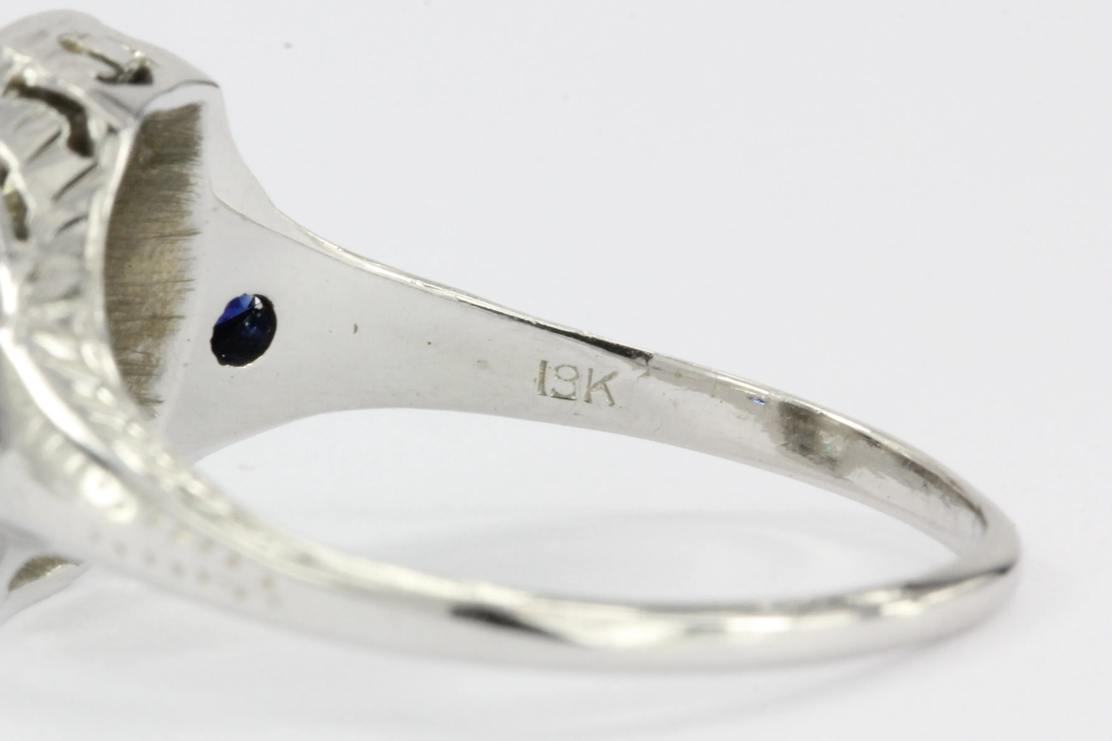 Art Deco 18K White Gold Old European Cut Diamond Sapphire Engagement Ring