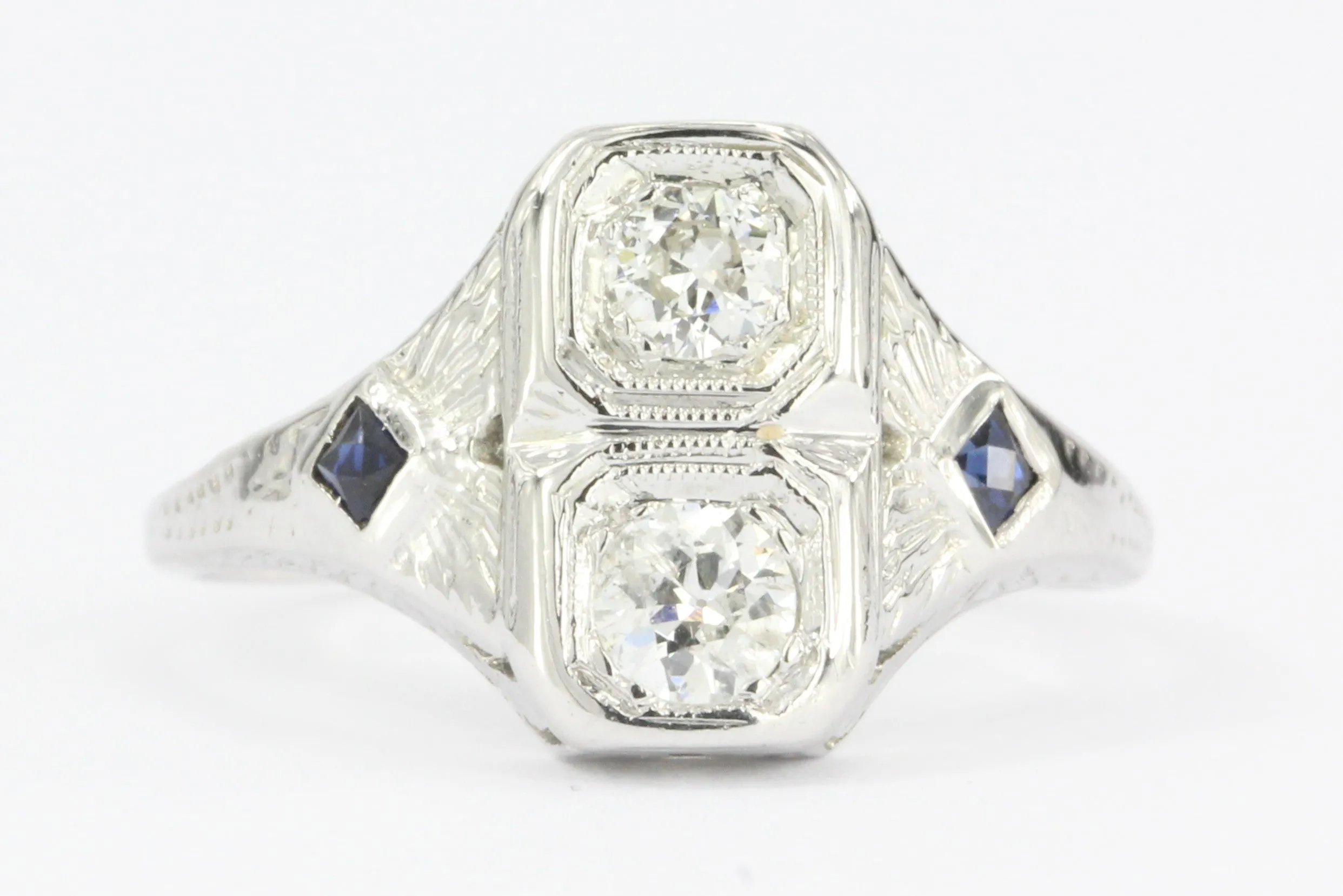 Art Deco 18K White Gold Old European Cut Diamond Sapphire Engagement Ring