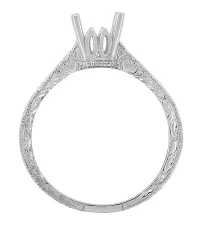 Art Deco 3/4 Carat Scroll Engraved Castle Filigree Engagement Ring Setting in White Gold