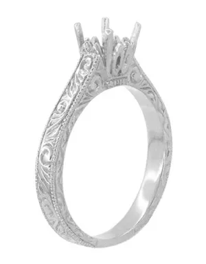 Art Deco 3/4 Carat Scroll Engraved Castle Filigree Engagement Ring Setting in White Gold