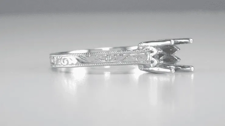 Art Deco 3/4 Carat Scroll Engraved Castle Filigree Engagement Ring Setting in White Gold