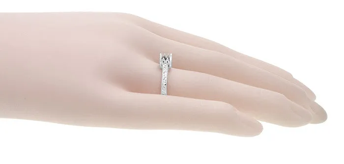 Art Deco 3/4 Carat Scroll Engraved Castle Filigree Engagement Ring Setting in White Gold