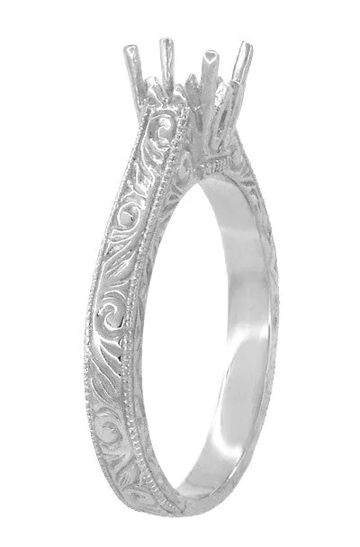 Art Deco 3/4 Carat Scroll Engraved Castle Filigree Engagement Ring Setting in White Gold