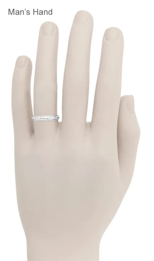 Art Deco 4mm Wide Carved Wheat Platinum Wedding Ring  - Hand Engraved