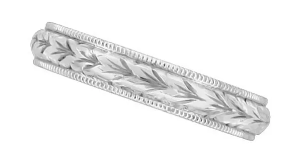 Art Deco 4mm Wide Carved Wheat Platinum Wedding Ring  - Hand Engraved