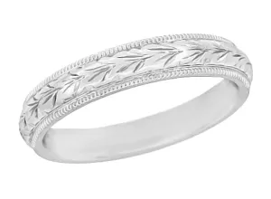Art Deco 4mm Wide Carved Wheat Platinum Wedding Ring  - Hand Engraved