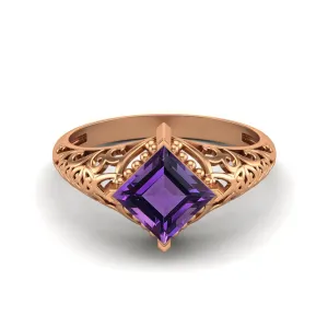 Art Deco Amethyst Bridal Ring 6x6 Square Shaped Filigree Ring