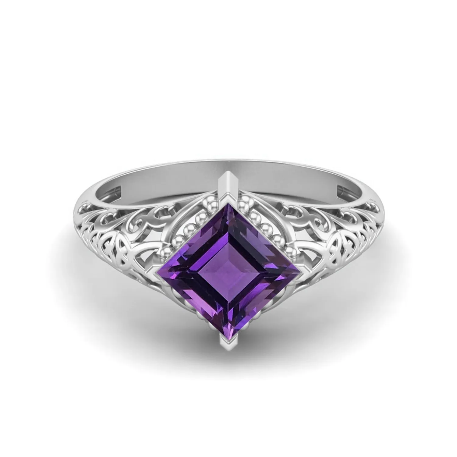 Art Deco Amethyst Bridal Ring 6x6 Square Shaped Filigree Ring