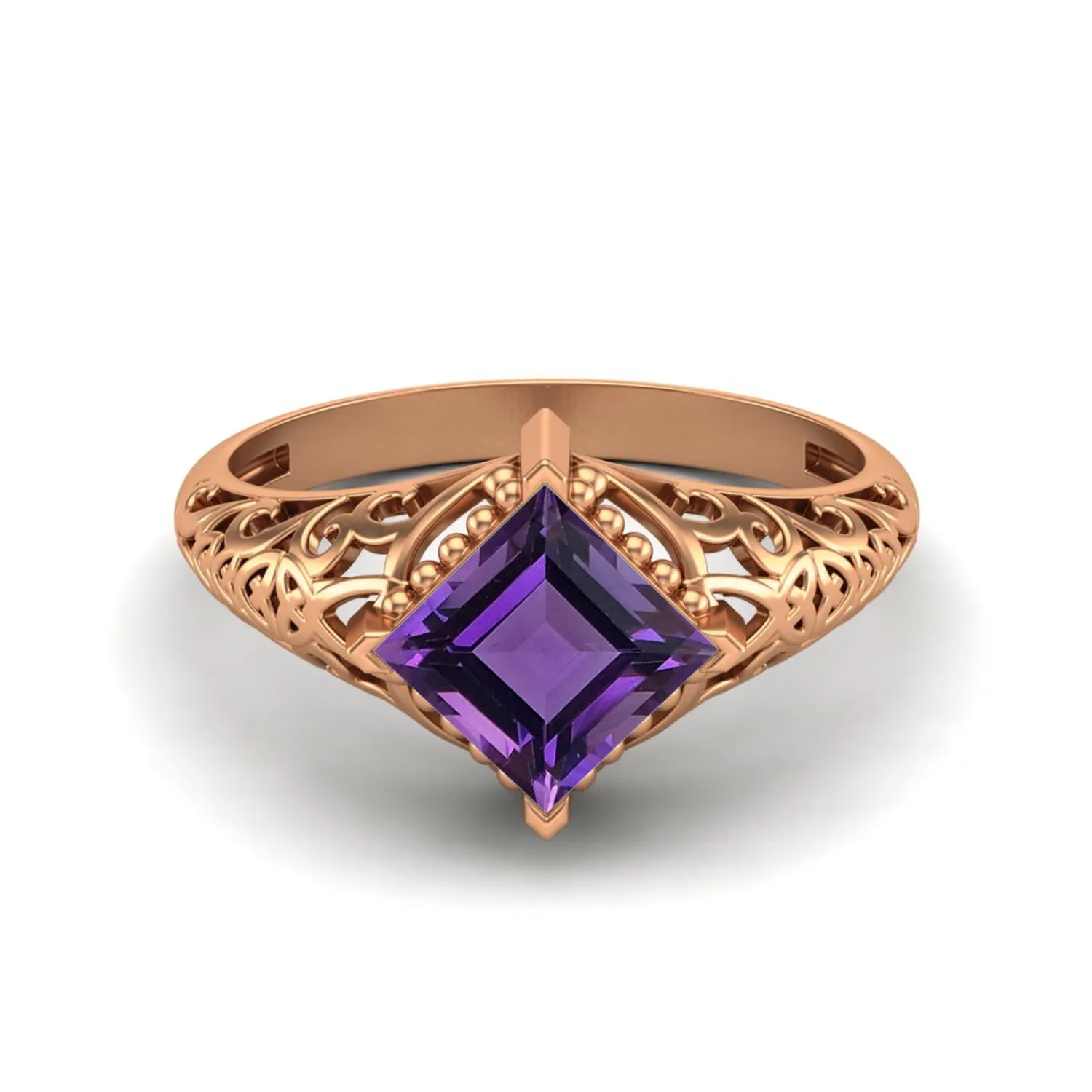 Art Deco Amethyst Bridal Ring 6x6 Square Shaped Filigree Ring