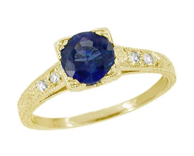 Art Deco Blue Sapphire and Diamonds Engraved Engagement Ring in 18 Karat Yellow Gold