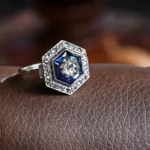 Art Deco Diamond & Sapphire Hexagonal Target Ring