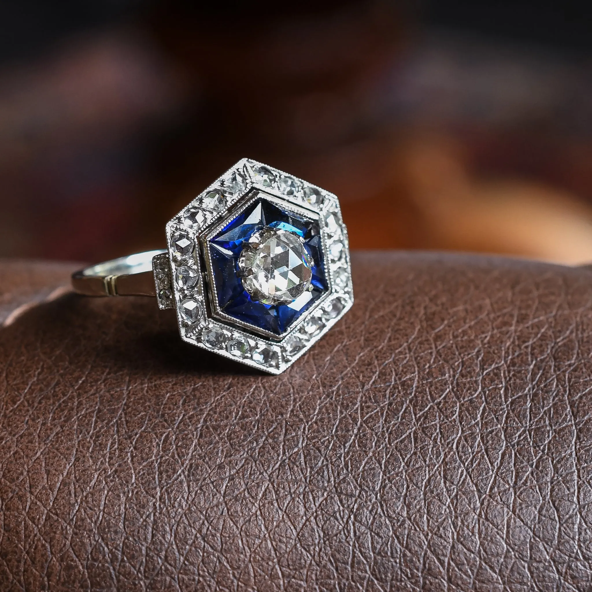 Art Deco Diamond & Sapphire Hexagonal Target Ring