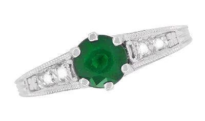 Art Deco Emerald and Diamond Filigree Engagement Ring in 14 Karat White Gold