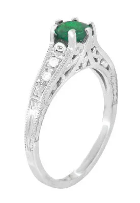 Art Deco Emerald and Diamond Filigree Engagement Ring in 14 Karat White Gold