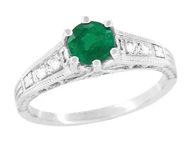 Art Deco Emerald and Diamond Filigree Engagement Ring in 14 Karat White Gold
