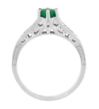 Art Deco Emerald and Diamond Filigree Engagement Ring in 14 Karat White Gold