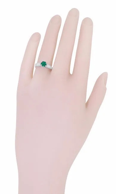 Art Deco Emerald and Diamond Filigree Engagement Ring in 14 Karat White Gold