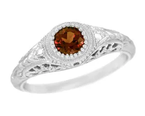 Art Deco Engraved Almandite Garnet and Diamond Filigree Engagement Ring in White Gold - 14K or 18K