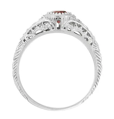 Art Deco Engraved Almandite Garnet and Diamond Filigree Engagement Ring in White Gold - 14K or 18K