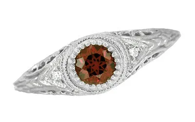 Art Deco Engraved Almandite Garnet and Diamond Filigree Engagement Ring in White Gold - 14K or 18K