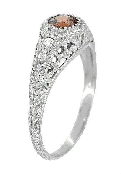 Art Deco Engraved Almandite Garnet and Diamond Filigree Engagement Ring in White Gold - 14K or 18K