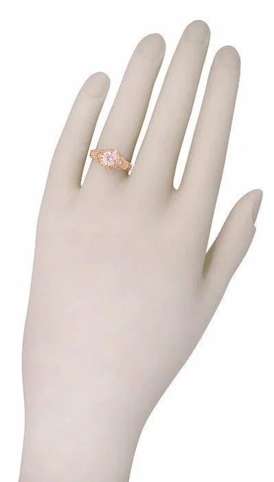 Art Deco Engraved Filigree Morganite Engagement Ring in 14 Karat Rose Gold