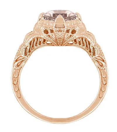 Art Deco Engraved Filigree Morganite Engagement Ring in 14 Karat Rose Gold