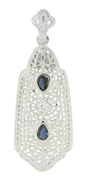Art Deco Filigree Sapphire and Diamond Lavalier Pendant Necklace in 14 Karat White Gold