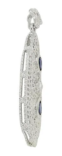 Art Deco Filigree Sapphire and Diamond Lavalier Pendant Necklace in 14 Karat White Gold