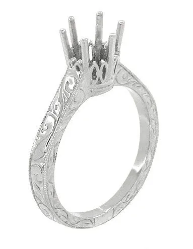 Art Deco Filigree Scrolls White Gold 3/4 Carat Crown Engagement Ring Setting
