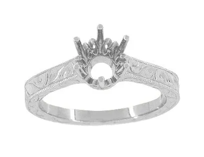 Art Deco Filigree Scrolls White Gold 3/4 Carat Crown Engagement Ring Setting