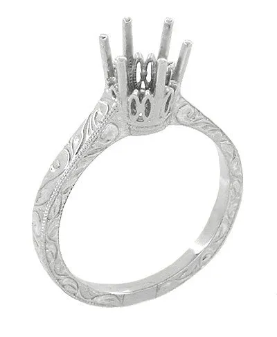 Art Deco Filigree Scrolls White Gold 3/4 Carat Crown Engagement Ring Setting