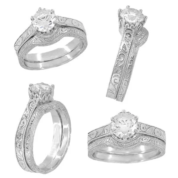 Art Deco Filigree Scrolls White Gold 3/4 Carat Crown Engagement Ring Setting