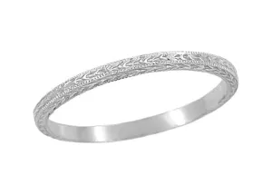 Art Deco Hand Engraved Very Thin Wheat Wedding Band in 14 Karat White Gold