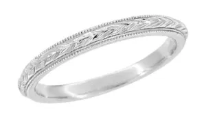 Art Deco Hand Engraved Wheat Millgrain Platinum Vintage Wedding Band Design - 2.5mm